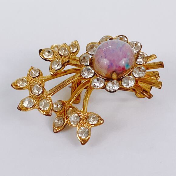 Small VTG Mid Century Faux Opal Rhinestone Floral Brooch Pink Flower Spray Pin - Picture 8 of 11